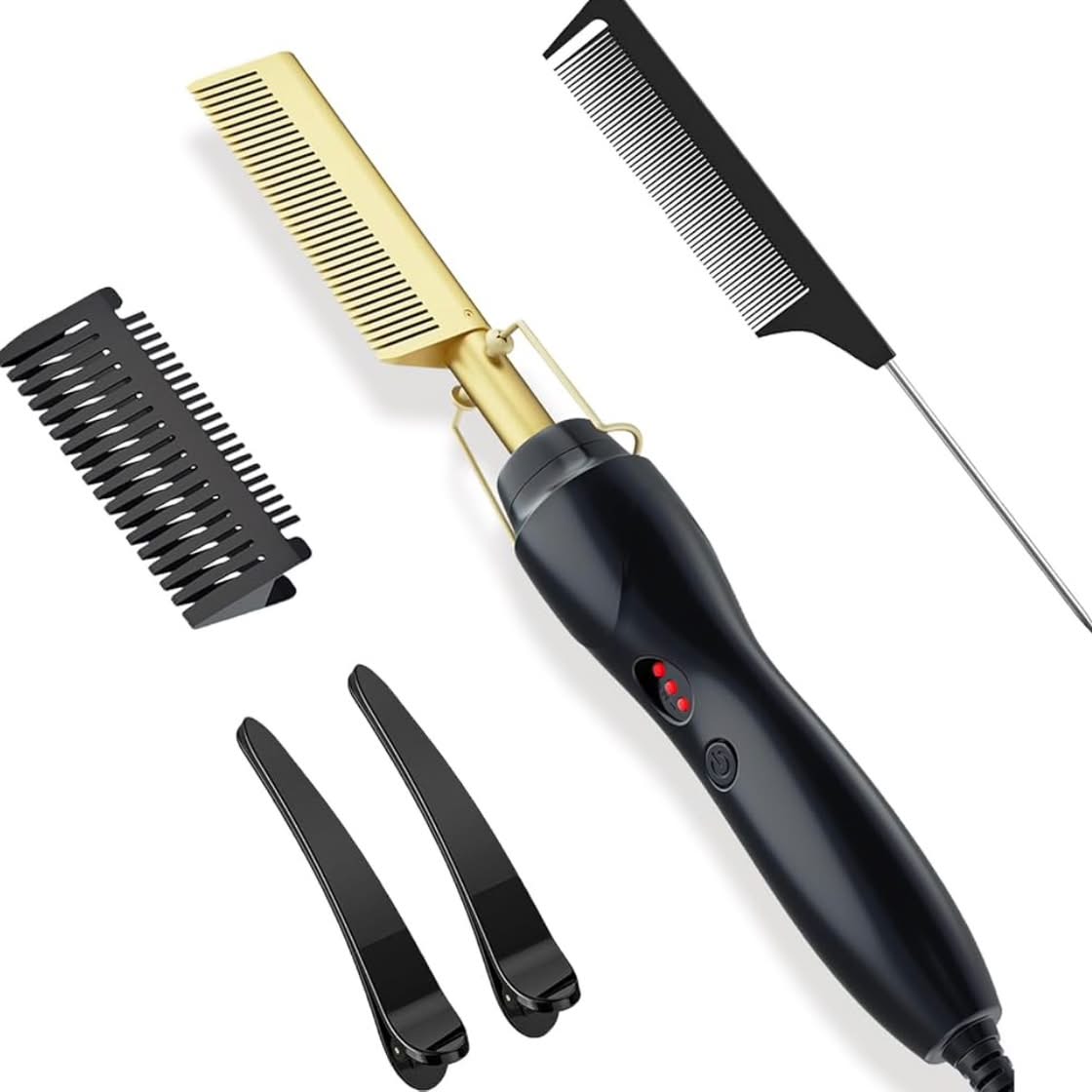 Professional Electric Hot Comb Set - Black & Gold with Negative Ion