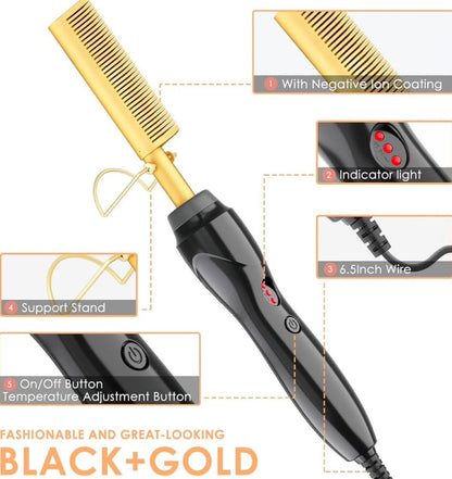 Professional Electric Hot Comb Set - Black & Gold with Negative Ion