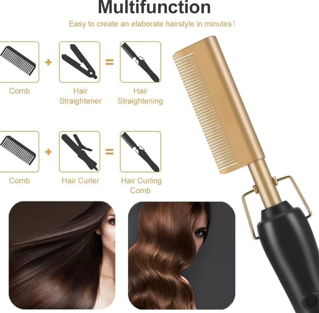 Professional Electric Hot Comb Set - Black & Gold with Negative Ion